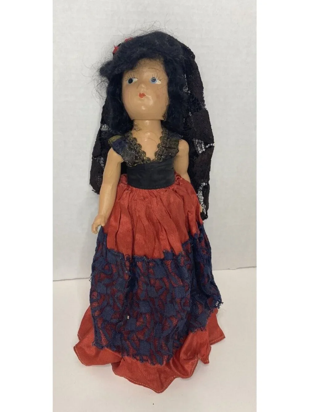10" Vintage 1950s Doll In Red Dress Goth Spanish Black Lace - Picture 1 of 10